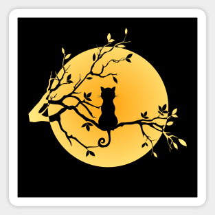 Halloween Black Cat Sitting on Branch Moon Silhouette Magnet